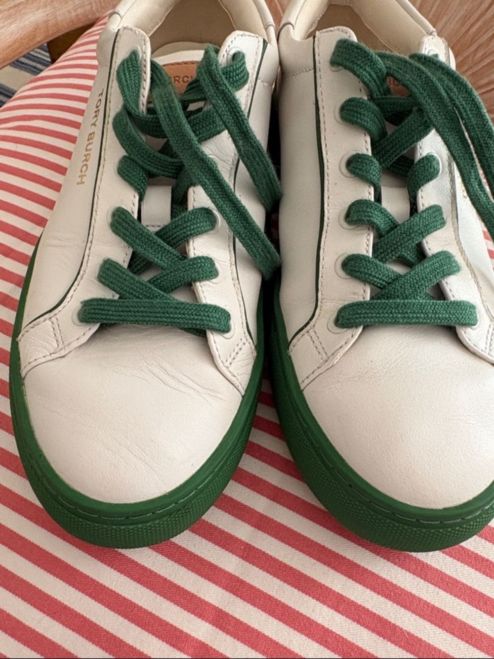 Tory Burch White Leather Sneakers with Green Accents - Picture 12 of 16